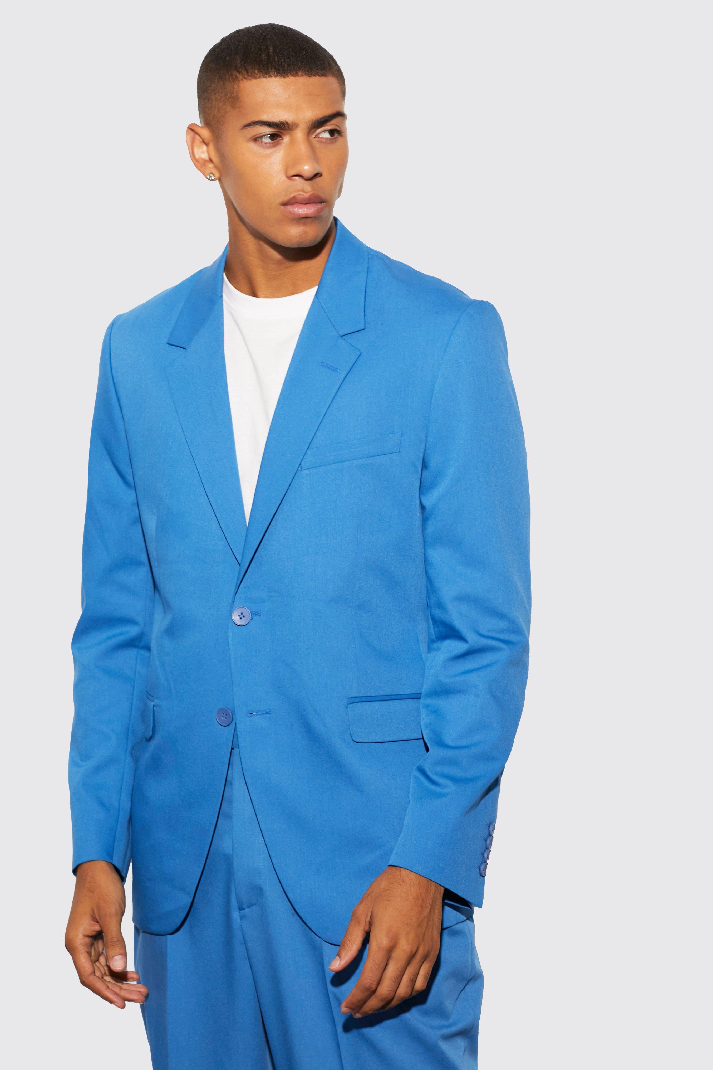 Mens Blue Relaxed Fit Single Breasted Suit Jacket, Blue